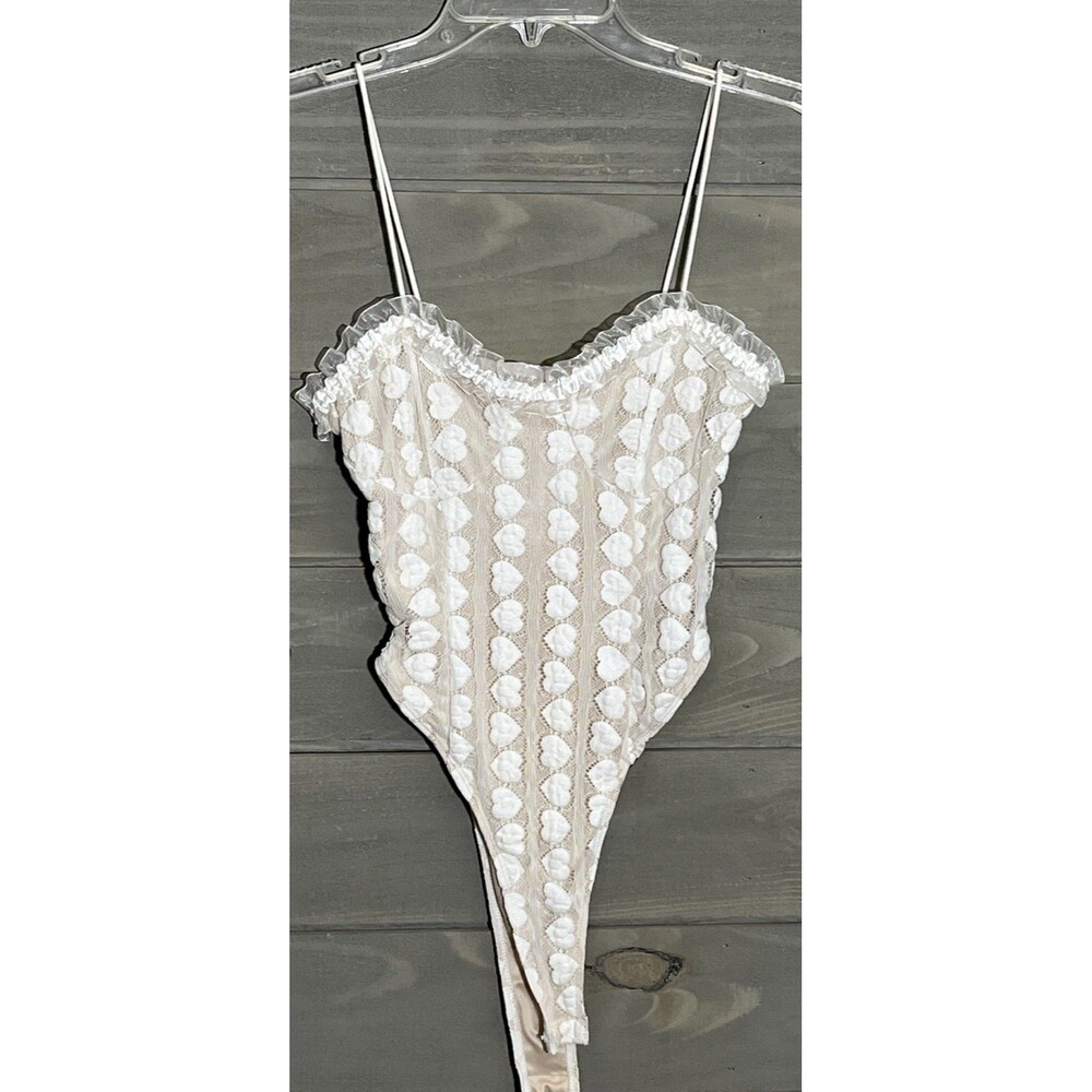 White Heart Lace Bodysuit Womens XS Corset Coquette Boho Fairycore Whimsical